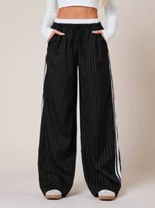 SHEIN SXY Quần áo mùa thu cho phụ nữ; Quần áo công sở cho phụ nữ; Quần áo mùa thu đông lạnh in họa tiết sọc cho phụ nữ, quần dài thường ngày có túi chun ở eo - màu đen - Xem 3