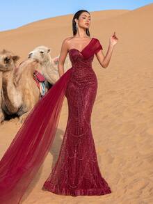 Faeriesty Đầm dạ hội và đầm dự tiệc cưới sang trọng, lệch vai, xếp ly, đính sequin và hạt cườm, kiểu dáng thanh lịch. - Màu Đỏ Sâu - Xem 9