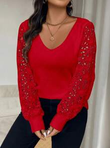 SHEIN Unity 大码V领拼接镂空蓬松针织毛衣，休闲百搭，适合秋季、新年和冬季穿着。 - 紅色 - 查看 4