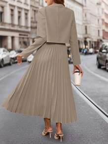 SHEIN Clasi Women's Elegant Apricot Short Suit Jacket & Pleated A-Line Skirt 2 Pieces Set - Khaki - View 2