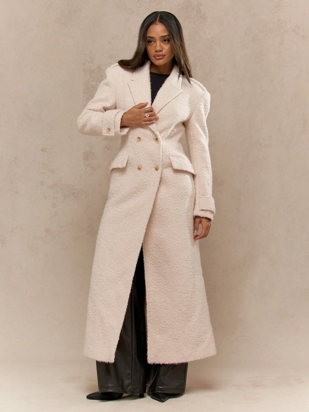 MISSGUIDED Classic Tailored Double Breasted Long Boucle Wool Pea 