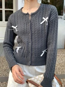 INAWLY 1 Stück Damen Rundhals Knopfverschluss Schleife Dekor Langarm Strickjacke