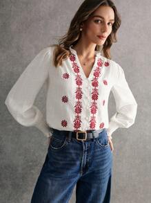 Poéselle White Linen Embroidered Red Flower Long Sleeve Blouse, Women Embroidery Embellished Long Sleeve Tops, Fall Women's, Bohemian Style, Featuring Intricate Embroidery, Luxurious Fabric And Excellent Breathability, Perfect For Daily Wear, Commuting, Vacation And Home Leisure. - White - View 5