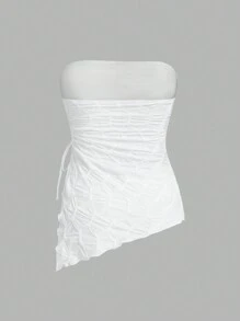 SHEIN EZwear Parte superior tipo tubo de verano para mujer con cordón y plisado asimétrico, de unicolor y textura - Blanco - Ver 2