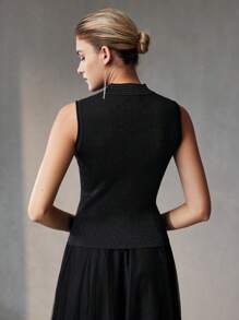 MOTF PREMIUM GLITTER MOCK NECK FOLD PLEATED SLIM FIT KNIT TOP - Black - View 6