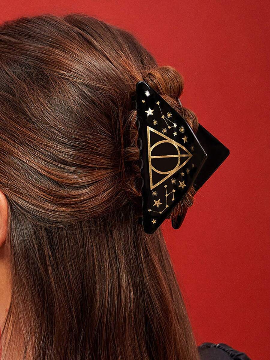 HARRY POTTER X SHEIN 1 Pc Black Gold Geometric Pattern Hair Claw,Gifts,Deathly Hallows Hair Claws, Hair Clamps, Hair Clutch, Back To School - Black - View 1