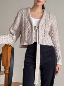 DAZY Ladies' Plain Dropped Shoulder Long Sleeve Short Casual Knit Cardigan, Autumn/Winter Jacket - Apricot - View 5