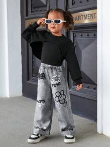 SHEIN Leap Crew SLAYR Young Girl Young Girl 3 件套宽松酷炫街头风格牛仔效果印花裤、紧身背心和短款运动衫，时尚，秋冬季，非常适合休闲和日常穿着和学校日常，酷炫街头女孩，Y2K 女孩 - 彩色 - 查看 1