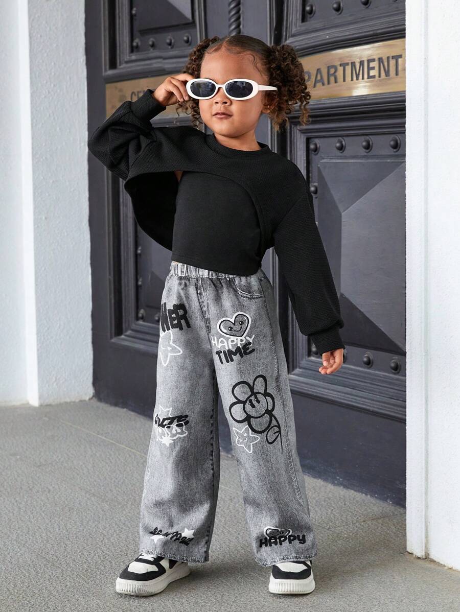 SHEIN Leap Crew SLAYR Young Girl Young Girl 3 件套宽松酷炫街头风格牛仔效果印花裤、紧身背心和短款运动衫，时尚，秋冬季，非常适合休闲和日常穿着和学校日常，酷炫街头女孩，Y2K 女孩 - 彩色 - 查看 1