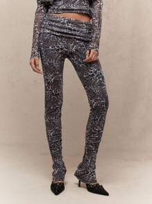 MISSGUIDED Pantalones con estampado de leopardo, cintura fruncida y plegable, y bajo acampanado