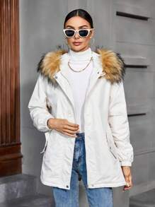 Women Mother Hooded Parka Coat, Thermal Lined Warm Outdoor Casual Jacket With Pockets, Autumn/Winter - Khaki - View 5