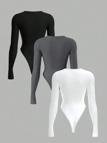 SHEIN BASICS 3pcs/Set Women Solid Color Knit Long Sleeve Crew Neck Bodysuit With Thermal Lined, Warm Tight Fit, Cozy Chic