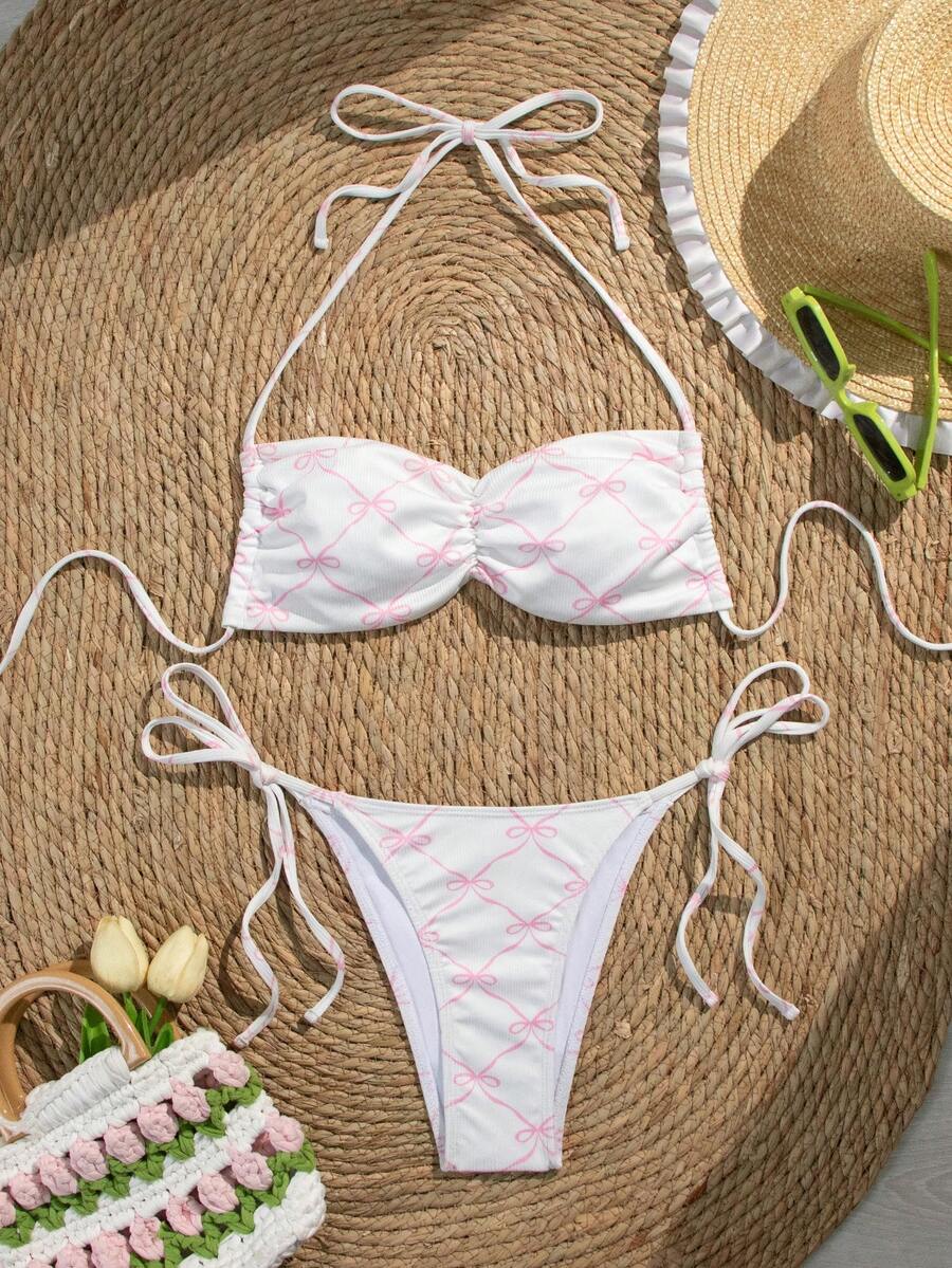 Printed Bowknot Spaghetti Strap Bikini Top And Side Tie Bikini Bottom