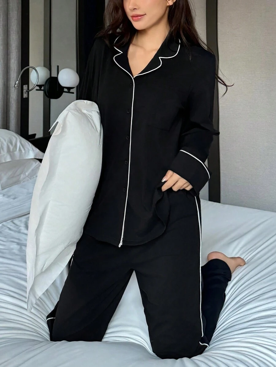 DAZY Women Simple Contrast Trim Design Notched Collar Long Sleeve Pajama Set With Pants - Black - View 1