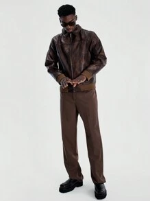 Musero Men PU Oversized Zip Through Ribbed Fabric Cuffs Leather Jacket Autumn Winter Essentials Outerwear