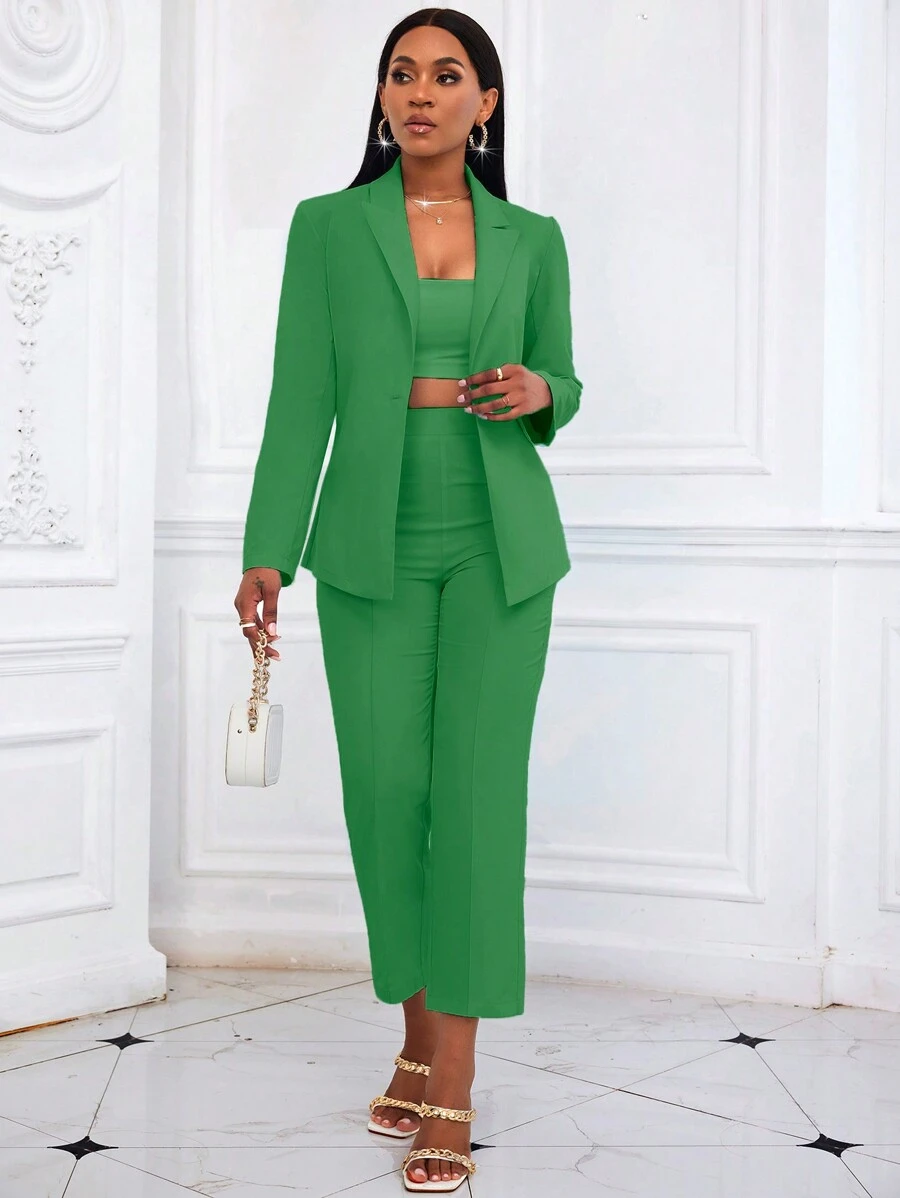 SHEIN Clasi Women's Solid Color Single Breasted Long Sleeve Blazer And Trousers Elegant Business Suit Set