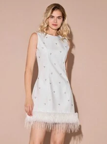 Enchnt 1 件女士时尚纯色水晶装饰拼布无袖连衣裙