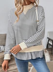 SHEIN LUNE Áo nỉ dài tay cổ đứng in sọc, kiểu dáng thường ngày, đa năng, thích hợp cho mùa thu. - Đen và trắng - Xem 4