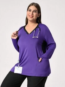 TaskEZ 1pc Plus Size Color Block Trim V-Neck Pocket Long Sleeve Nursing Top Scrub Uniform Top