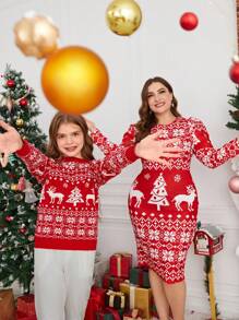 SHEIN Clasi Plus Size Christmas Reindeer Geometric Print Gigot Sleeve Bodycon Dress - Red and White - View 9