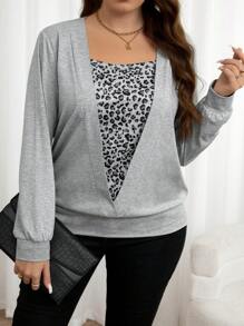 SHEIN LUNE Áo nỉ cổ tròn in họa tiết da báo thường ngày cỡ lớn dành cho nữ, quần áo thu/xuân cỡ lớn - Nhiều màu - Xem 5