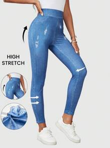 SHEIN Essnce 大码女式全印花图案休闲紧身裤，春秋季 - 白色 - 查看 1