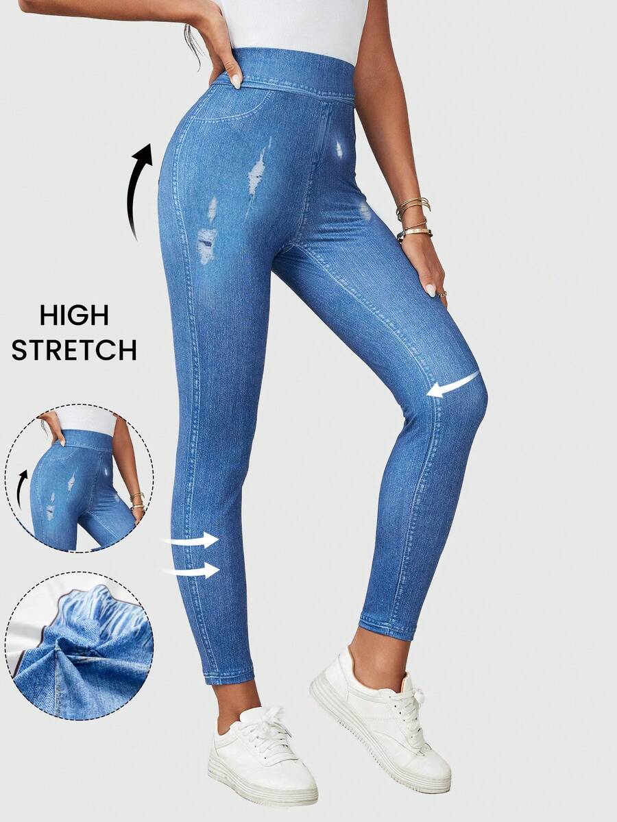 SHEIN Essnce 大码女式全印花图案休闲紧身裤，春秋季 - 白色 - 查看 1