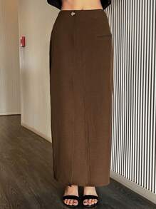 DAZY Chân váy xẻ tà bất đối xứng màu trơn có túi dành cho nữ, mùa thu đông. - màu nâu - Xem 5