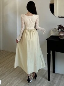 DAZY Women Elegant Long Contrast Lace Dress, Suitable For Autumn Long Sleeve Dress Maxi Dress - Apricot - View 4