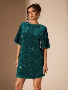 SHEIN BAE Women's Sequin Backless Straight A-Line Loose Casual Minimalist Party Short Dress, Versatile
