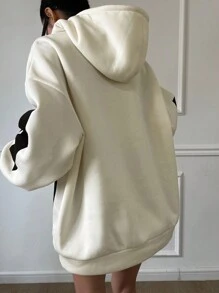 DAZY 女士保暖内衬纯色连帽字母图案街头风套头卫衣，长袖上衣，秋季女装连帽衫 - 米色 - 查看 3