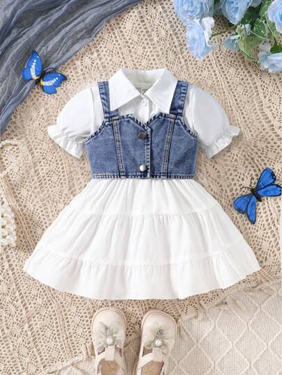 SHEIN Conjunto de vestido corto con manga abullonada y dobladillo con ribete de volantes y chaleco de tirantes abotonado para niña pequeña