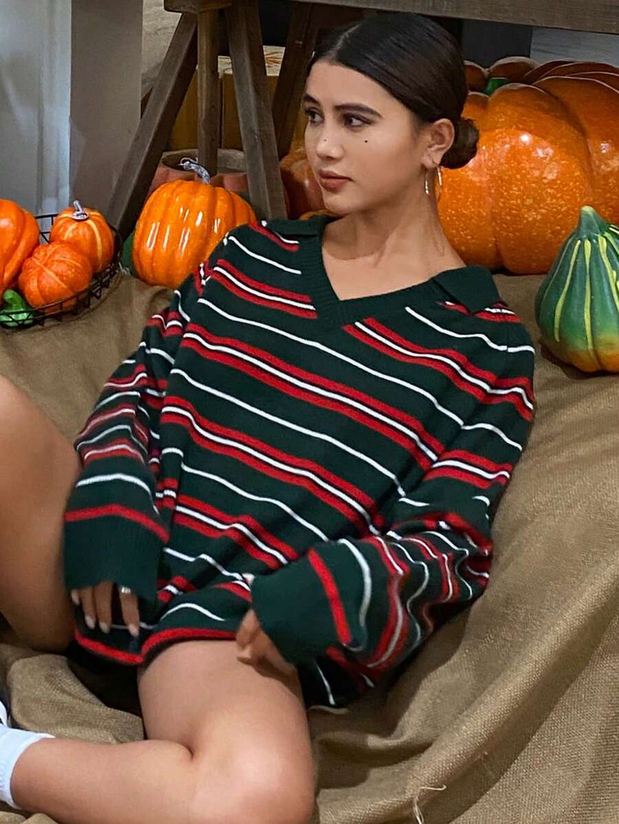 DAZY 秋季女士宽松条纹圆领长袖针织毛衣