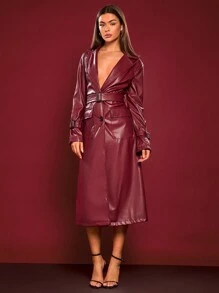 Glamine 女士 PU 皮革翻领立体包带腰长带，Ancora 红色时尚长款 PU 皮革风衣，适合日常约会、工作场所、办公室、圣诞节勃艮第、老钱风格、BAE - 紅色 - 查看 7
