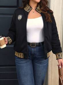 SHEIN LUNE Plus Size Patchwork Bedrukt Ribgebreid Baseballjack - Zwart - Bekijken 6