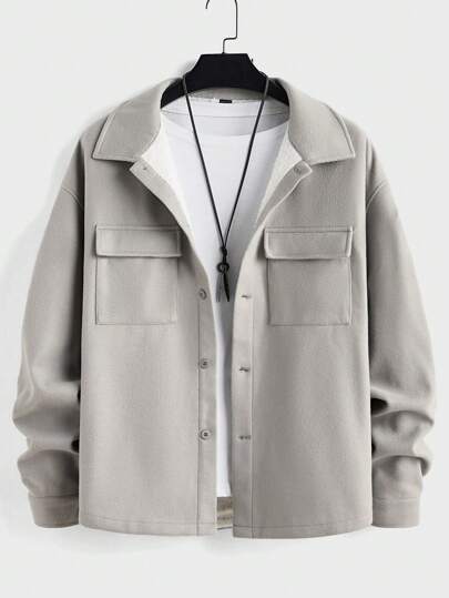 Manfinity VCAY 1pc Men's Casual Woven Open Front Long Sleeve Shacket, Stylish Daily Wear Going Out Fashion Shacket, For Friends, Husband, Boyfriend Gifts, For Fall Winter