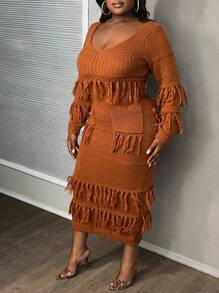 Váy len dài tay cổ chữ V tua rua màu trơn cỡ lớn - màu nâu - Xem 3