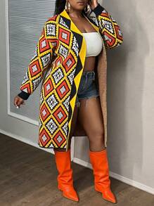 Slaydiva Plus Size Minimalist Pattern Detail Long Sleeve Casual Jacket, For Everyday Wear In Fall/Winter - Multicolor - View 4