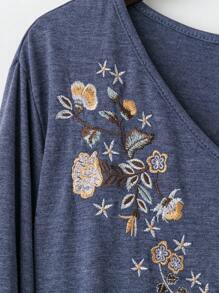 EMERY ROSE Plus Size Women Floral Embroidery Long Sleeve  Blue T-Shirt,  Fall And Winter Women Clothes