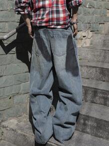 Manfinity EMRG Jeans vaqueros informales, anchos y holgados con efecto desgastado en azul oscuro liso para hombre, un regalo para el esposo o el novio