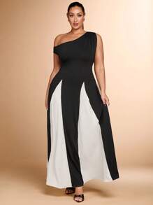 SHEIN BAE Váy chữ A không tay chéo vai thanh lịch cỡ lớn cho nữ màu đen trắng nối liền màu tương phản, phù hợp để đi làm, hẹn hò, dự tiệc - màu đen - Xem 3