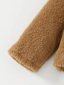 SHEIN Playful Pals 女婴保暖毛绒蝴蝶结开衫毛衣夹克，适合外出、休闲或派对，卡其色，秋冬 - 卡其色 - 查看 5