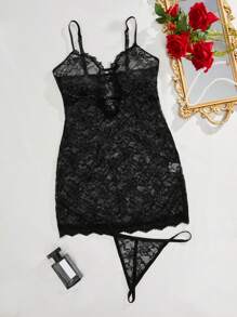 SHEIN Chi tiết cắt dán Ren Váy liền áo Và Quần lót Thong Nội y sexy Bộ - màu đen - Xem 3