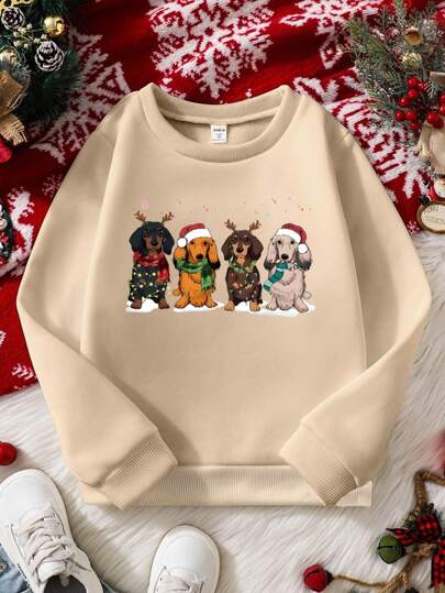 1pc Christmas Young Girl Lovely Dog Antler Xmas Hat Print Warm Fleece Sweatshirt In Light Beige