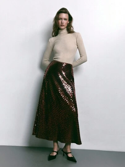 Maija 优雅串珠棕色A字裙，时尚百搭，适合春夏穿着，也适合派对、节日和情人节等场合。