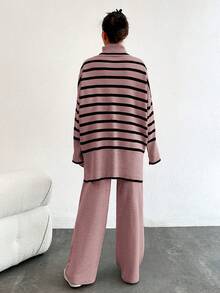 SHEIN Tall 女款條紋高領蝙蝠袖毛衣與純色長褲兩件套，適合高個女性 - 藕粉色 - 查看 2