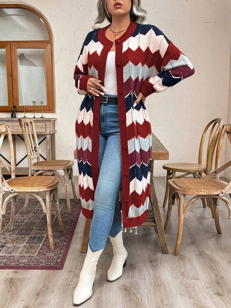 SHEIN LUNE Plus Size Front Button Long Sleeve Striped Casual Top, Daily Wear - Multicolor - View 1