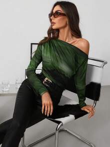 SHEIN Clasi Áo thun nữ thời trang cổ bẻ nhuộm loang màu thời trang thu đông - màu xanh lá - Xem 4