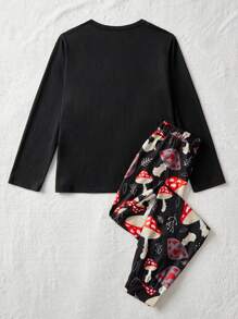 Conjunto informal de pijama con camiseta de manga larga de cuello redondo y pantalones con estampado de setas para niño preadolescente