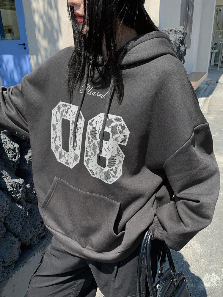 Women's Lace Number Print Loose Hooded Sweatshirt Fall,Winter Hoodies